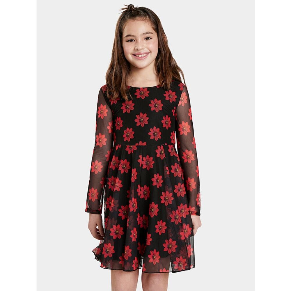Desigual Girls Dress Size 13/14 Red Daisy Flowers Mesh Black Long Sleeve